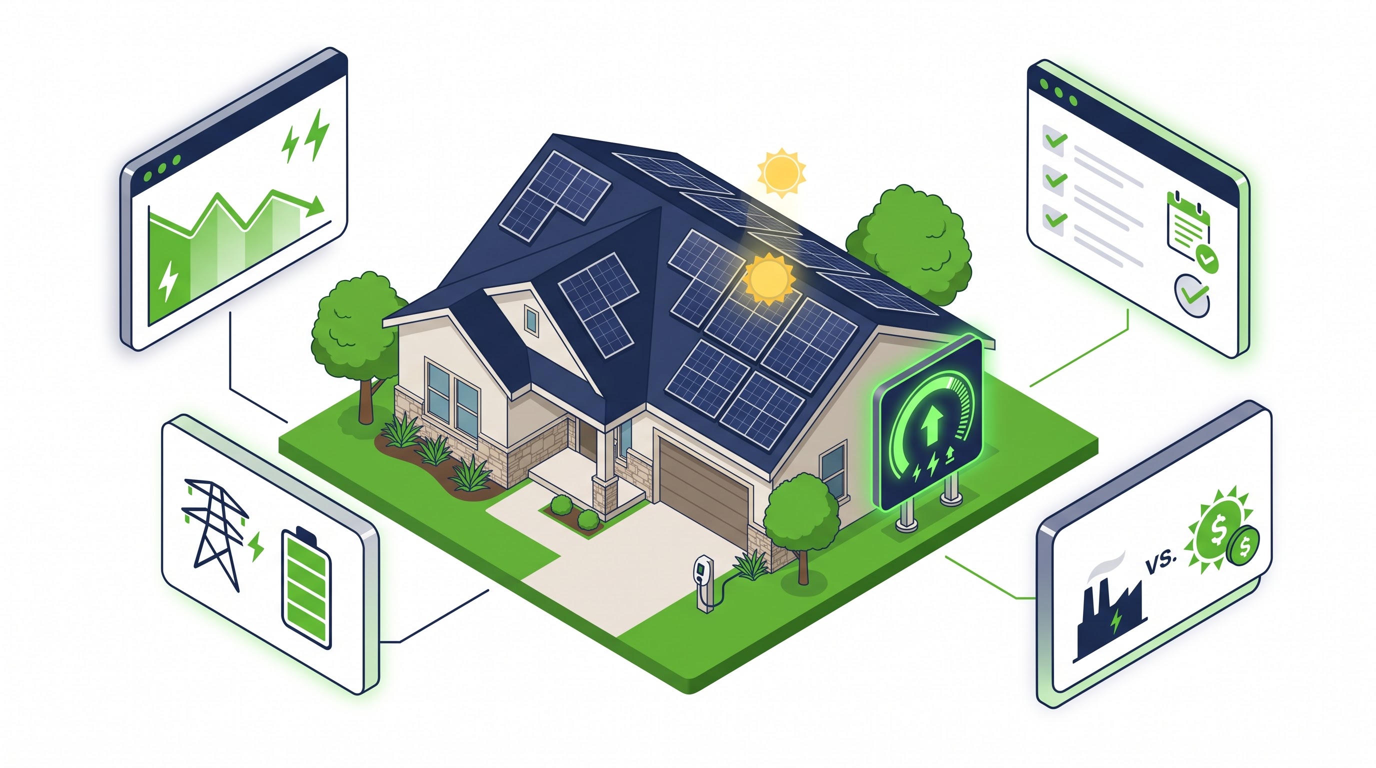 Texas home with solar panels and electricity plan comparison UI cards
