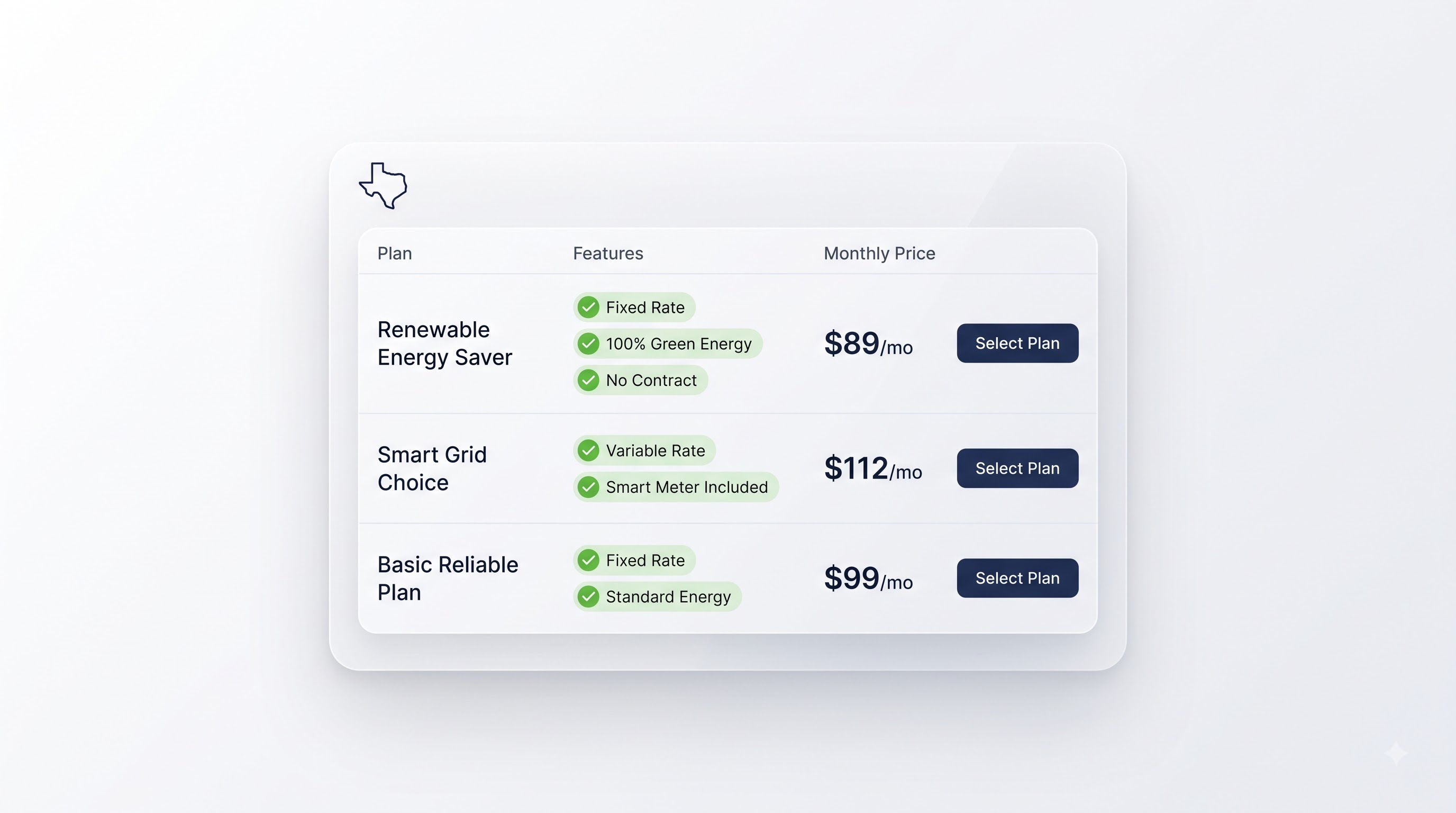 Texas electricity plan comparison — showing monthly estimates, contract terms, and plan documents side by side